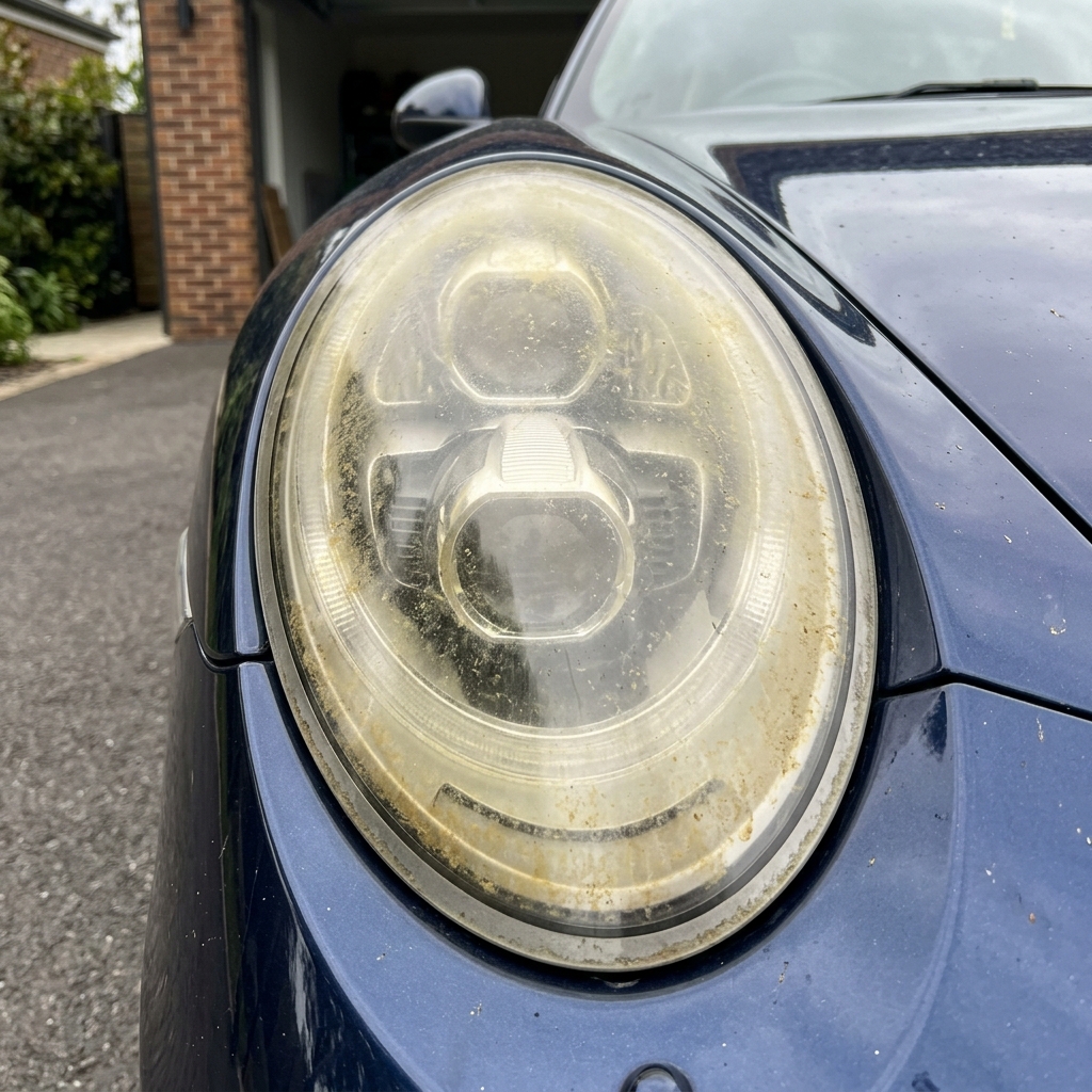 Cloudy and oxidized headlight before restoration